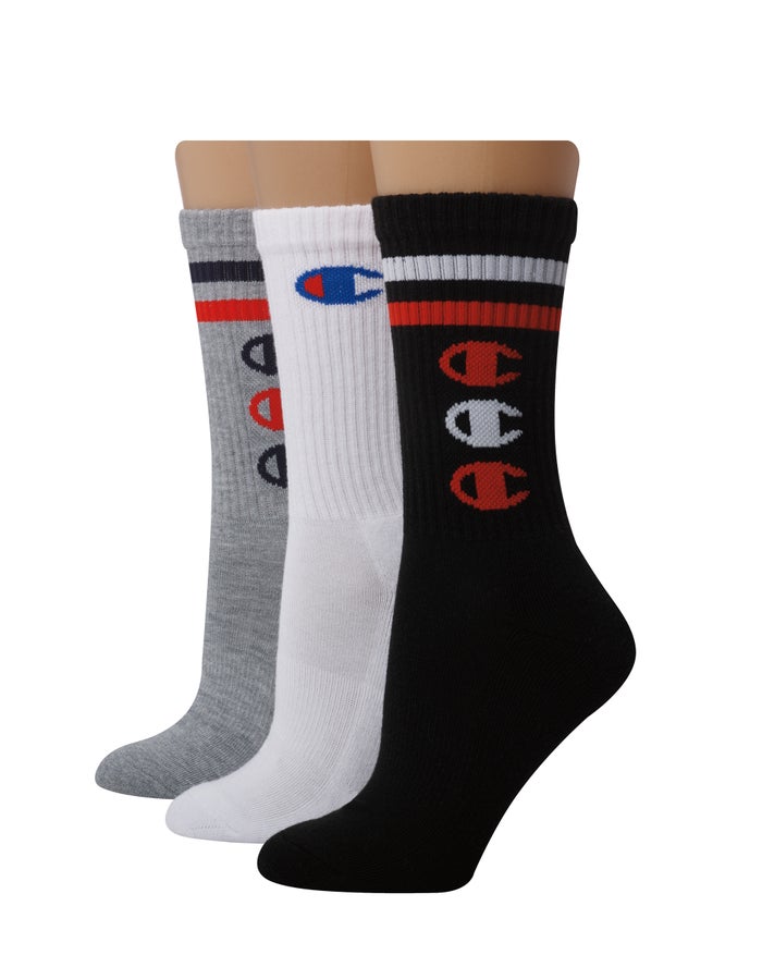 Champion Womens Socks NZ - Crew Stripes & C Logos 3-Pairs Black/Grey/White ( 6295-PRFIC )